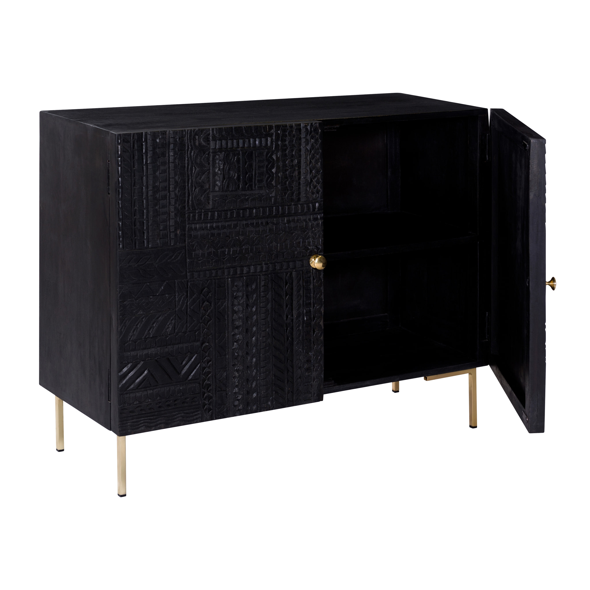 Commode 2 portes en bois gravé noir et métal doré - Chimane