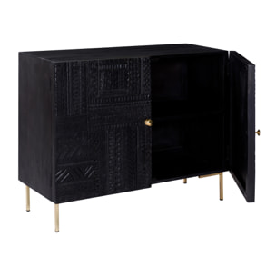 Commode 2 portes en bois gravé noir et métal doré - Chimane