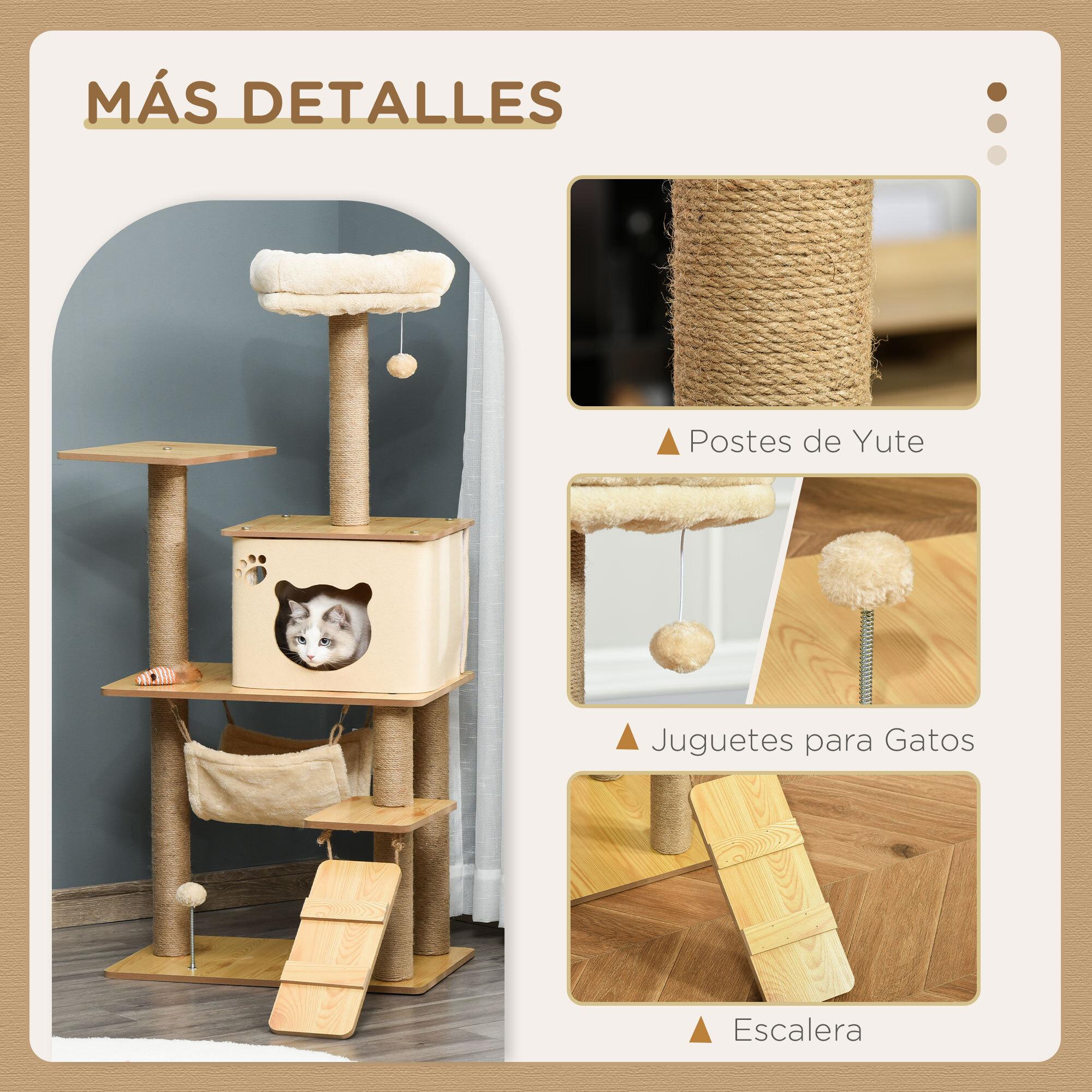 Árbol Rascador para Gatos Torre de Escalada con Plataformas Hamaca Escalera Cueva Postes para Rascar de Yute Bola Colgante Juego y Descanso 60x40x130 cm Beige