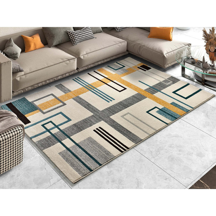 DEBBI Alfombra geométrica en gris con tonos mostaza y azules, varias medidas disponibles