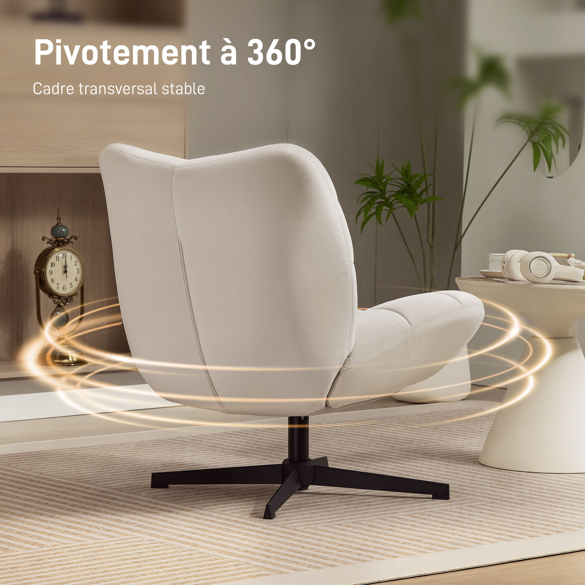 Fauteuil lounge effet matelassé grand confort pivotant piètement acier croisé noir tissu chenille grège