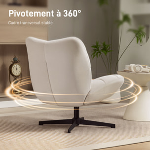 Fauteuil lounge effet matelassé grand confort pivotant piètement acier croisé noir tissu chenille grège