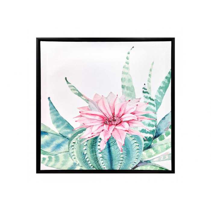 Tableau en toile imprimée fleur cactus rose avec cadre en bois noir 40x40cm - BLOOM