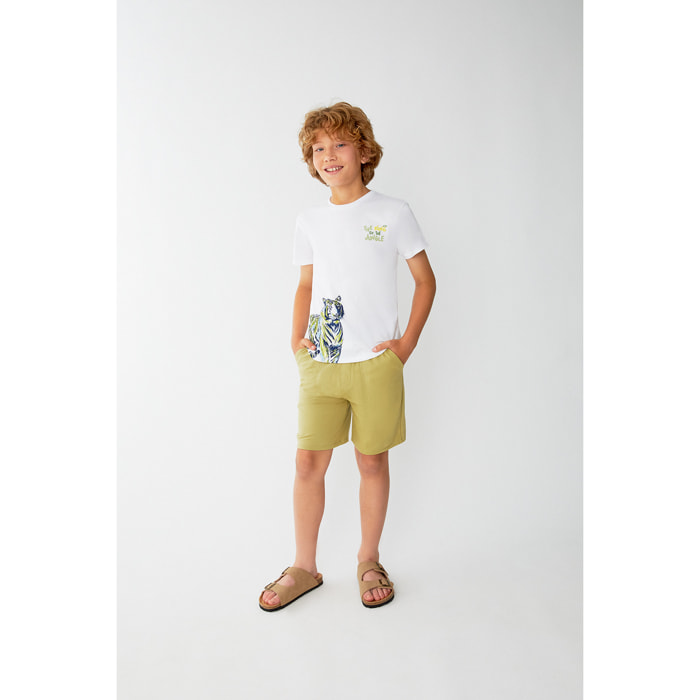 Conjunto de Niño con Camiseta Blanca Estampada de Tigre y Pantalón Corto Beige, Estilo Casual y Fresco | Color: Estampado | Street Monkey