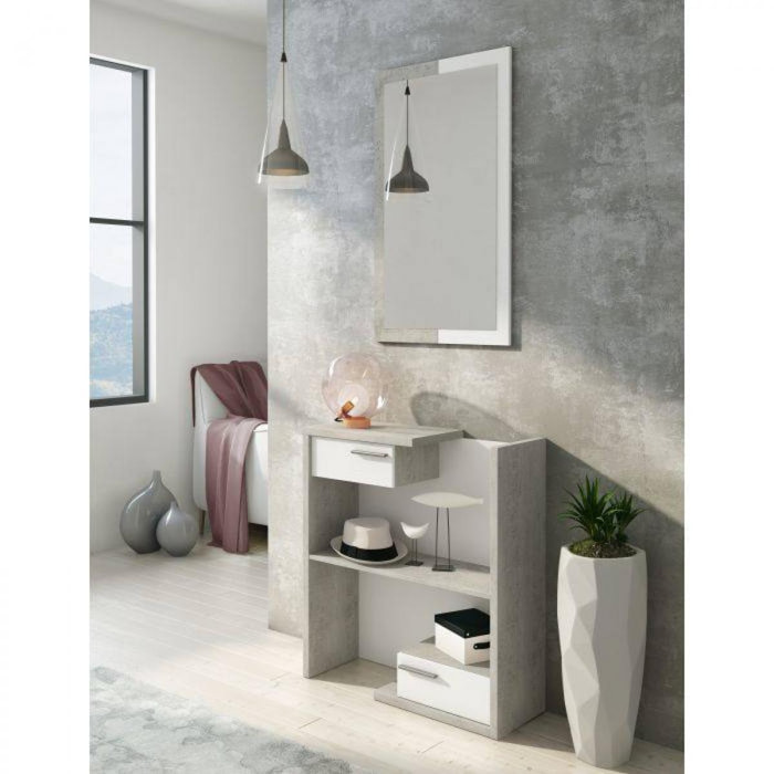 Mobile da ingresso con specchiera, entratina da atrio con cassetti , Svuotatasche per piccoli appartamenti, cm 80x28h170, colore Bianco e Cemento