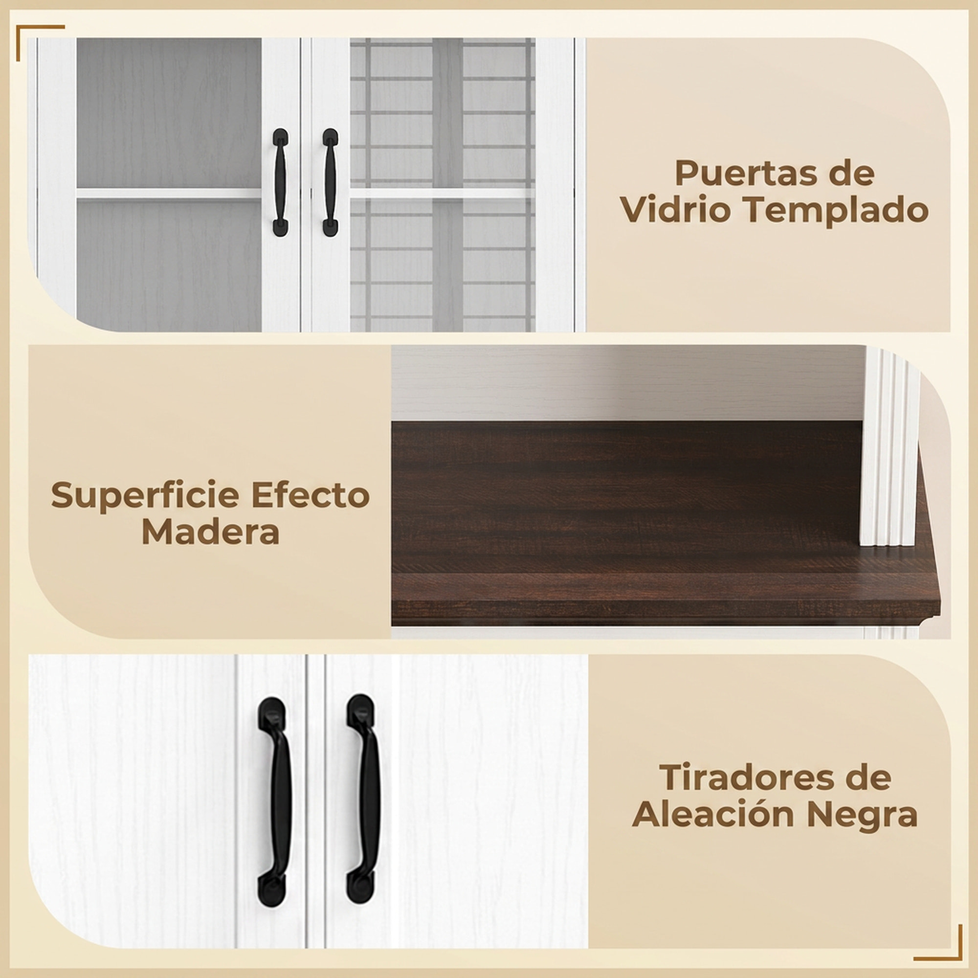 Alacena de Cocina Alta, Mueble Auxiliar de Cocina con Puertas de Cristal, 2 Cajones, Estantes Ajustables, Compartimento Abierto, para Comedor, Salón, 80x38x170 cm, Blanco y Marrón