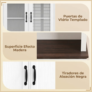 Alacena de Cocina Alta, Mueble Auxiliar de Cocina con Puertas de Cristal, 2 Cajones, Estantes Ajustables, Compartimento Abierto, para Comedor, Salón, 80x38x170 cm, Blanco y Marrón