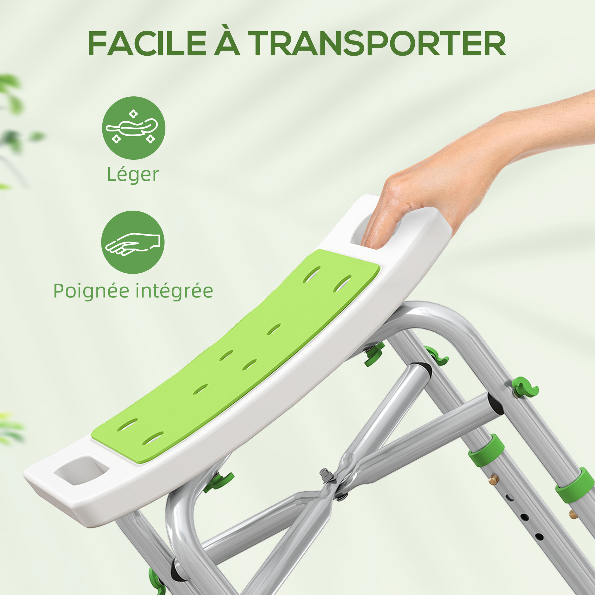 Siège de douche réglable en hauteur tabouret de douche ergonomique pieds antidérapants charge max. 150 Kg alu HDPE blanc vert