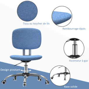 Chaise de bureau hauteur réglable pivotante 360° dossier ergonomique piètement chromé tissu bleu