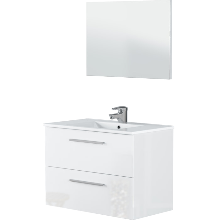 Mobile Mobiletto Bagno Sospeso Con 2 Cassettoni Soft Close E Lavabo in Ceramica Monoforo Con Troppopieno E Specchio 80 x 45 x 57 Cm Colore Bianco