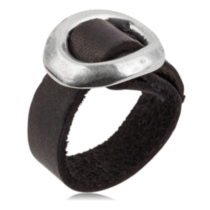 Anillo cuero piel negro hebilla plata925 chapado