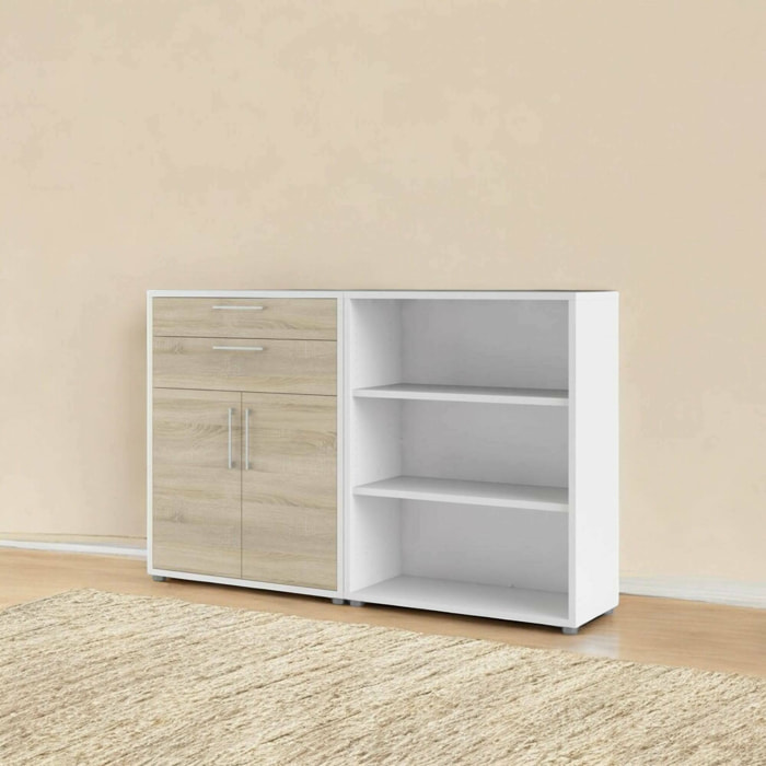 Credenza Albinea, Buffet da soggiorno, Madia da salotto, Dispensa da cucina, 178x40 h113 cm, Bianco e Quercia