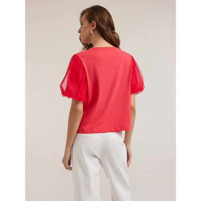 Motivi - T-shirt con spilla gioiello e piume - Rosso