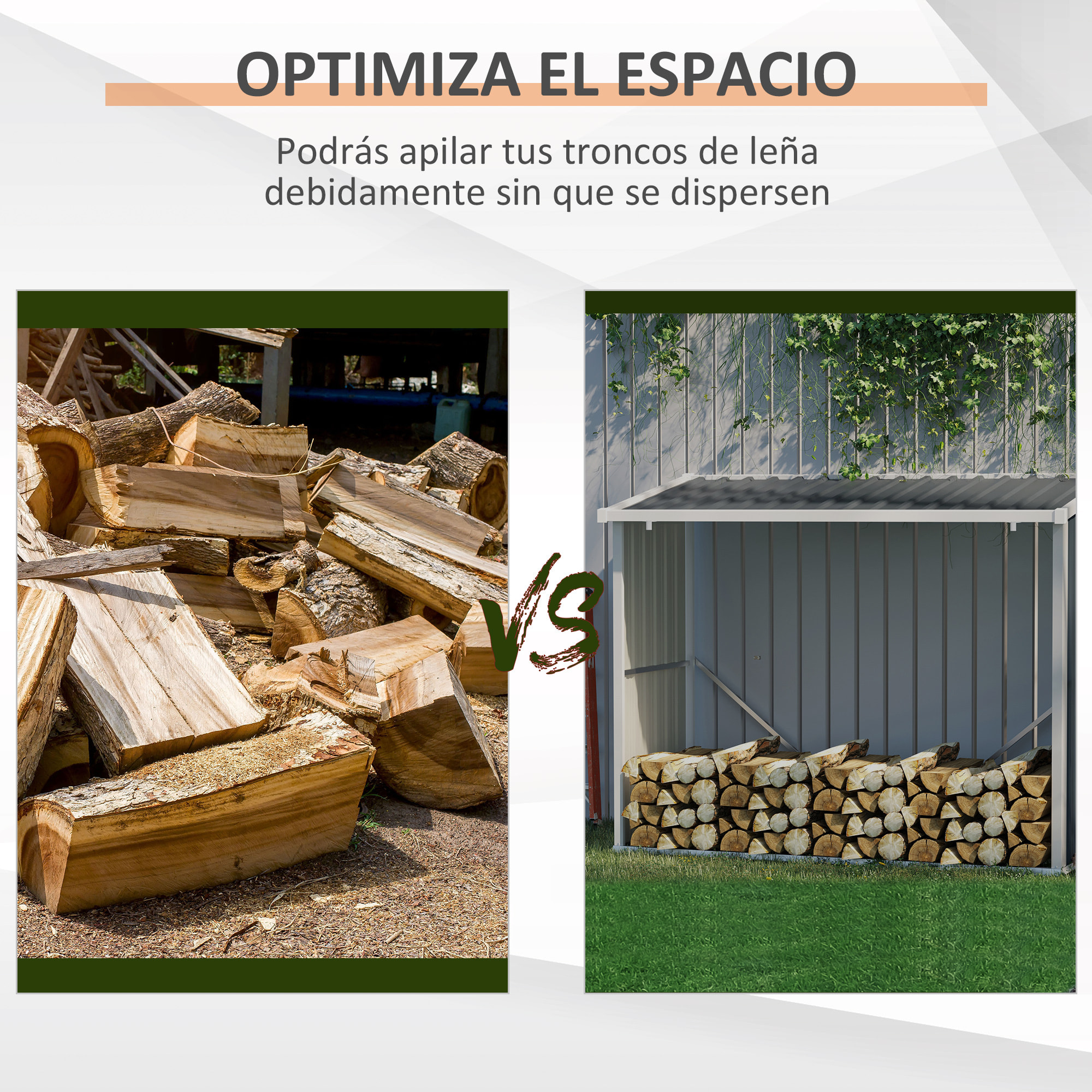 Casetilla para Leña Acero Galvanizado Cobertizo Leñero de Almacenamiento de Troncos con Techo Inclinado para Jardín Terraza Exterior 185x84x133,5/148,5 cm Gris