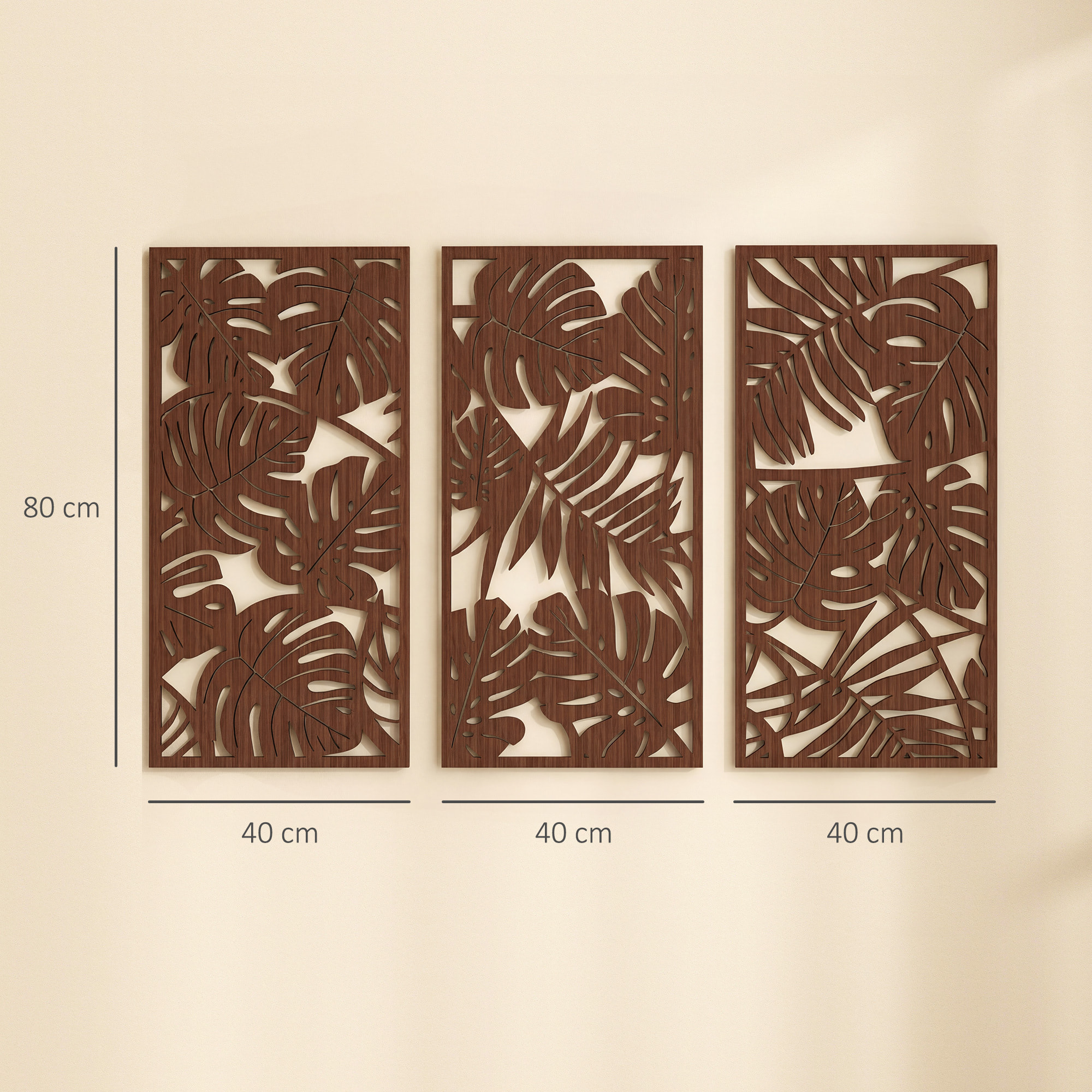 Decoración de Pared de Madera 3D, 3 Piezas, 40x80 cm, Adornos de Pared con Patrón de Hojas Tropicales, Arte Moderno para Salón, Dormitorio, Pasillo, Nogal