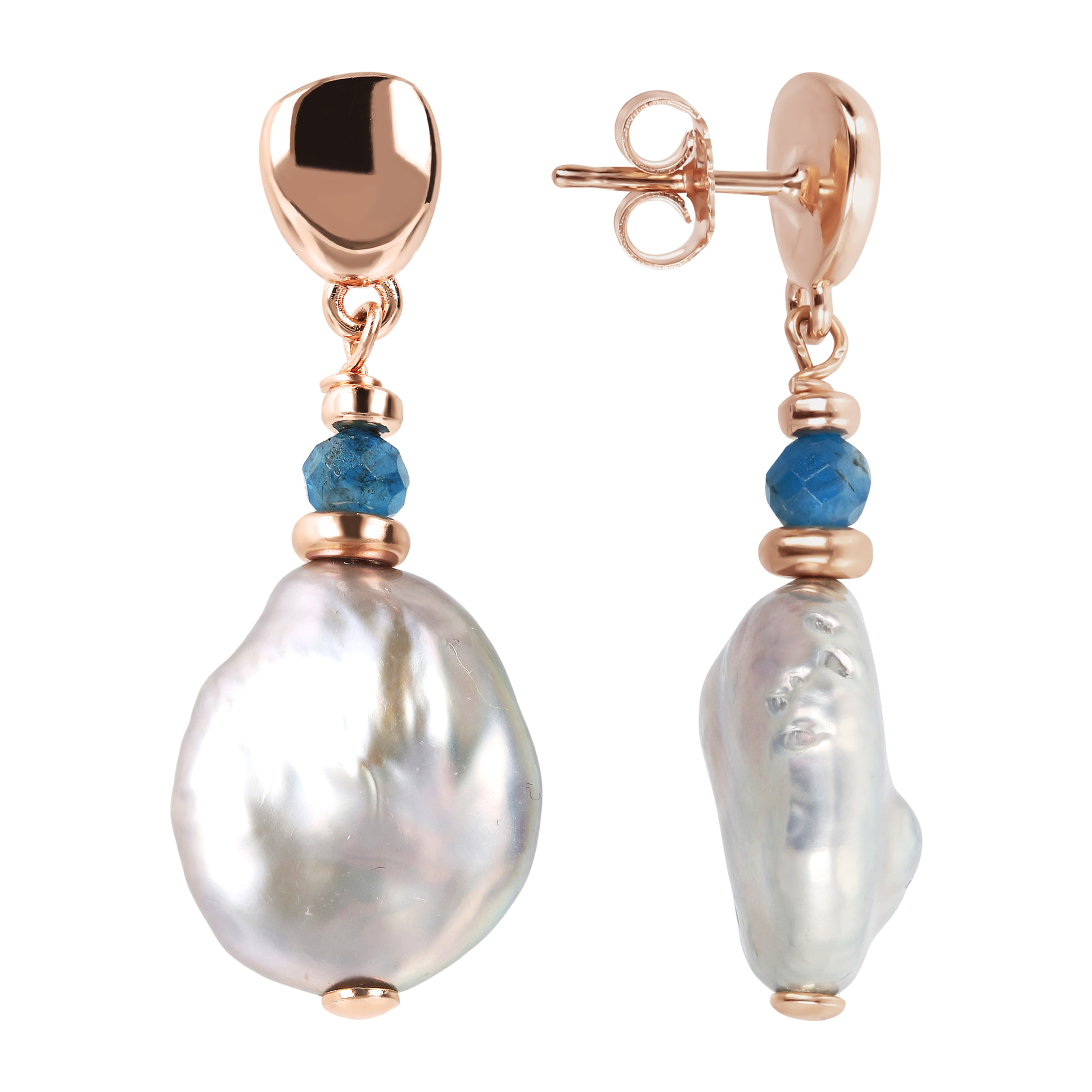 Orecchini Pendenti con Apatite Blu e Perle Coin d'Acqua Dolce Ø 14/15 mm