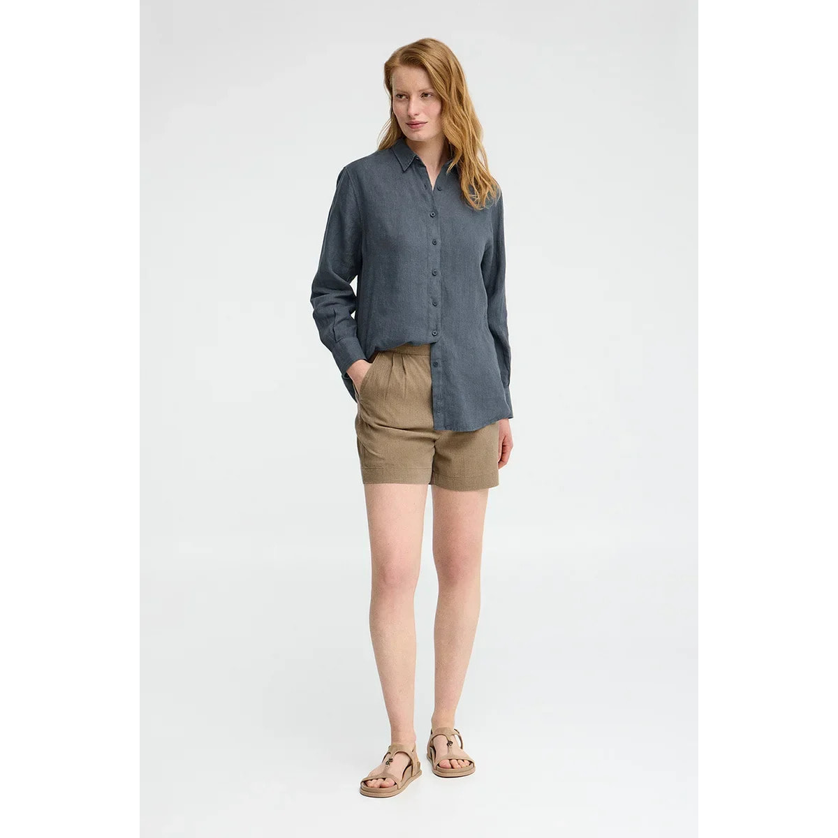 Camisa azul denim de lino con corte relajado y bordado Polo Club