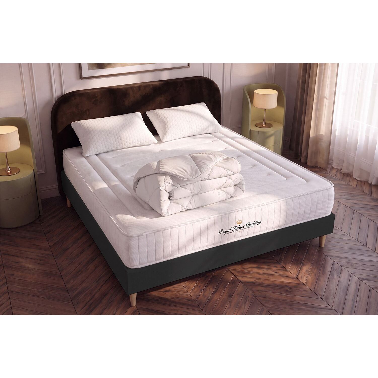 Matelas Mémoire de forme 20cm d'épaisseur - 3 zones de confort - Confort ferme - Sommier tapissier en kit - Avec couette et oreillers - 2 places