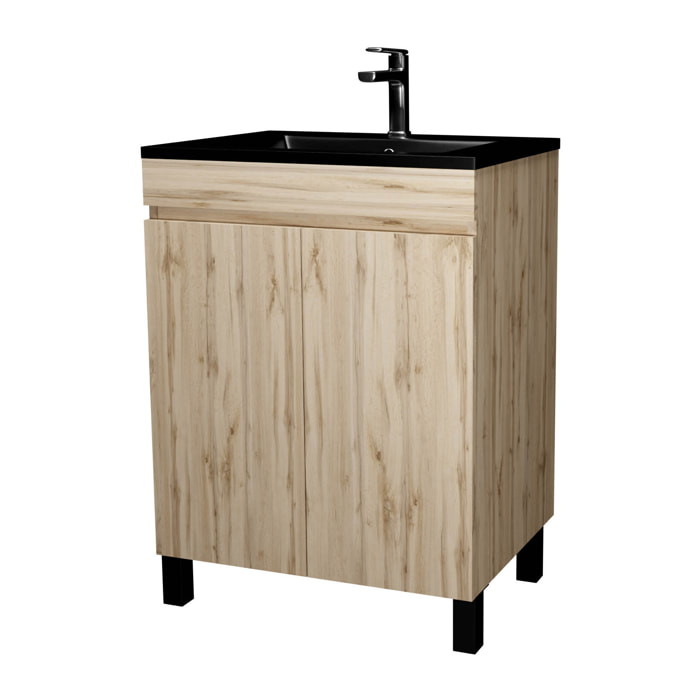 Pack Meuble Salle de Bains 60cm Chêne Naturel 2 Portes avec Vasque Céramique Noire - TIMBER