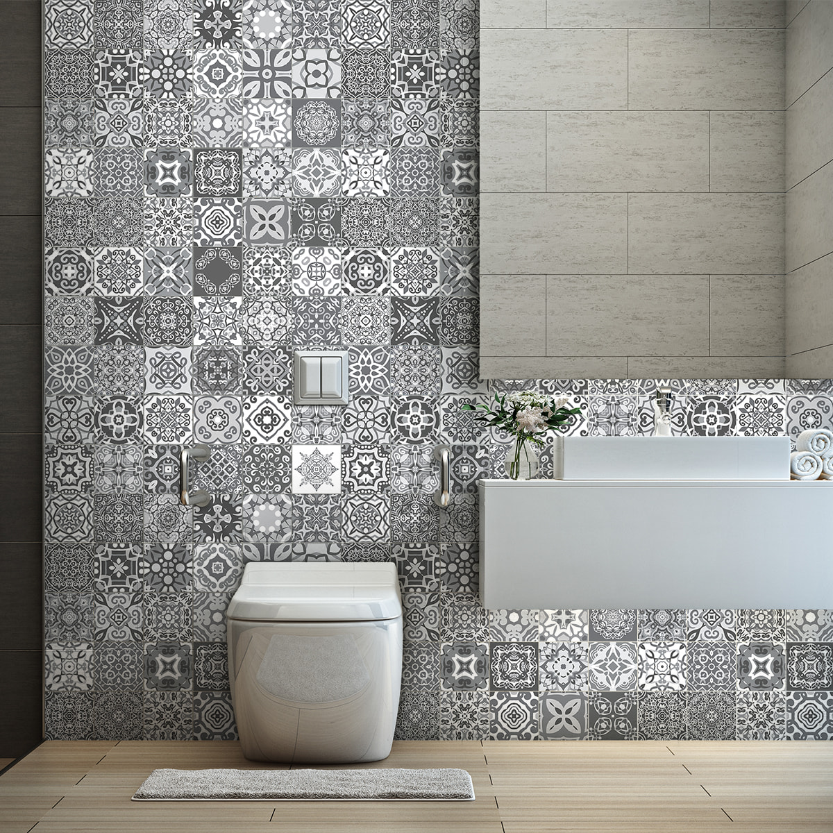 Stickers muraux - Sticker Mural Carrelage adhésif Cuisine Salle de Bain - 60 STICKERS CARREAUX DE CIMENT AZULEJOS ADALIA