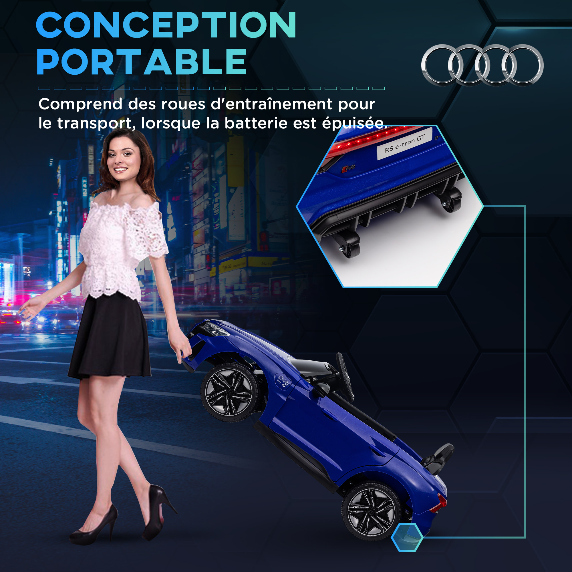 Véhicule électrique enfant Audi RS e-tron GT V. max. 5 Km/h télécommande effets sonores + lumineux bleu indigo