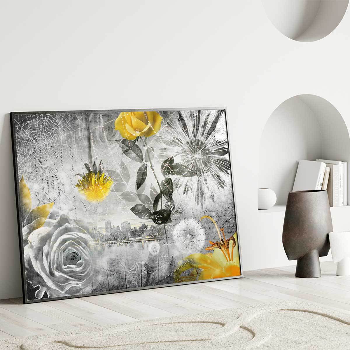 Affiche encadrée collage floral jaune et noir Affiche + cadre en métal - Noir