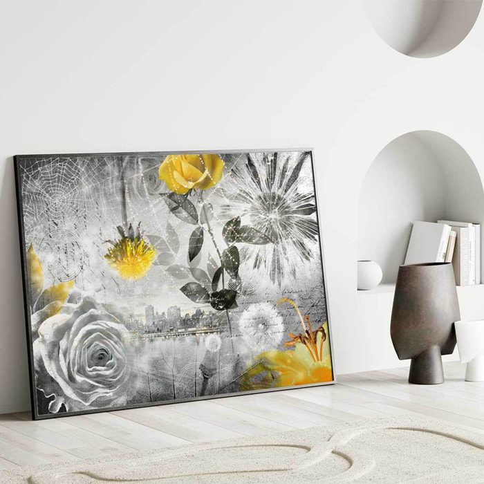 Affiche encadrée collage floral jaune et noir Affiche + cadre en métal - Noir