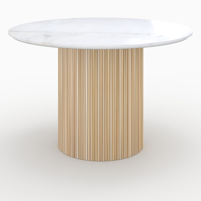 Table ronde 4 personnes en marbre blanc et bois de manguier D120 cm - Agathe