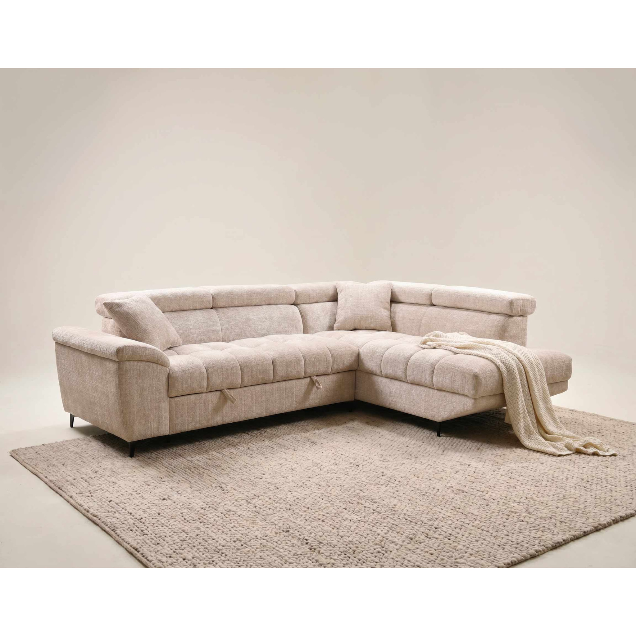 Camille - Canapé d'angle droit 5 places convertible avec têtières et coffre en velours texturé - Beige
