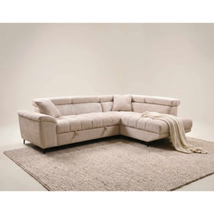 Camille - Canapé d'angle droit 5 places convertible avec têtières et coffre en velours texturé - Beige