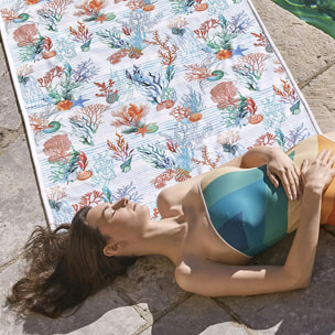 Fouta pur coton 350 g/m² imprimé bleu orange Algues corail