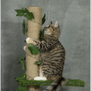 Árbol para Gatos del Suelo al Techo 37x21x202-242 cm Torre para Gatos con Altura Ajustable 4 Plataformas de Césped Artificial Hojas Artificiales y Poste de Yute Verde