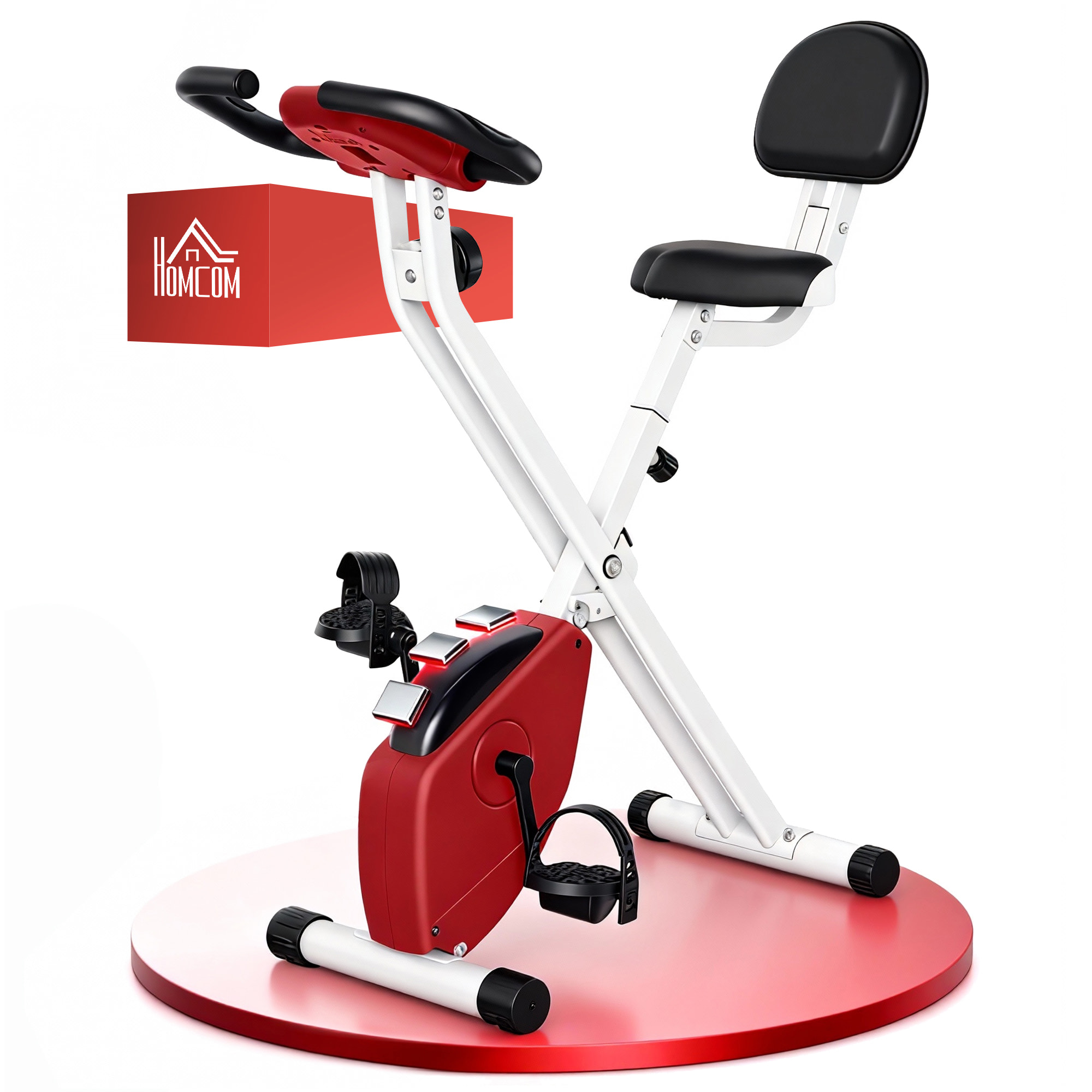Bicicleta Estática Plegable con Respaldo, Bici Estática con 8 Niveles de Resistencia Magnética, Volante, Pantalla LCD, Pulsómetro, Sillín Ajustable, Carga 110 kg para Hogar Ahorra Espacio Rojo