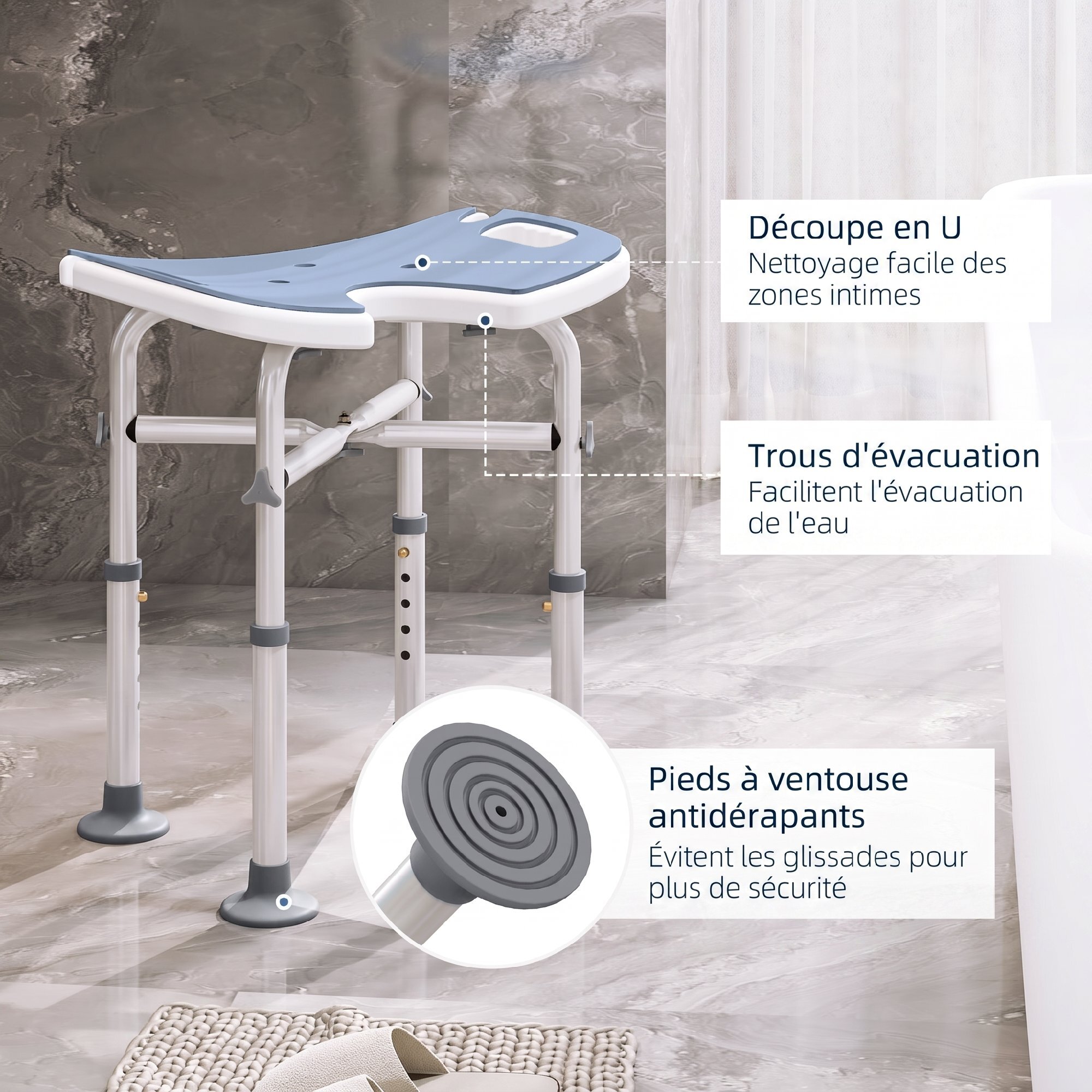 Tabouret de douche - siège de douche avec barre d'appui ventouse - hauteur réglable - alu HDPE bleu clair blanc