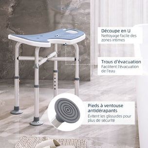 Tabouret de douche - siège de douche avec barre d'appui ventouse - hauteur réglable - alu HDPE bleu clair blanc