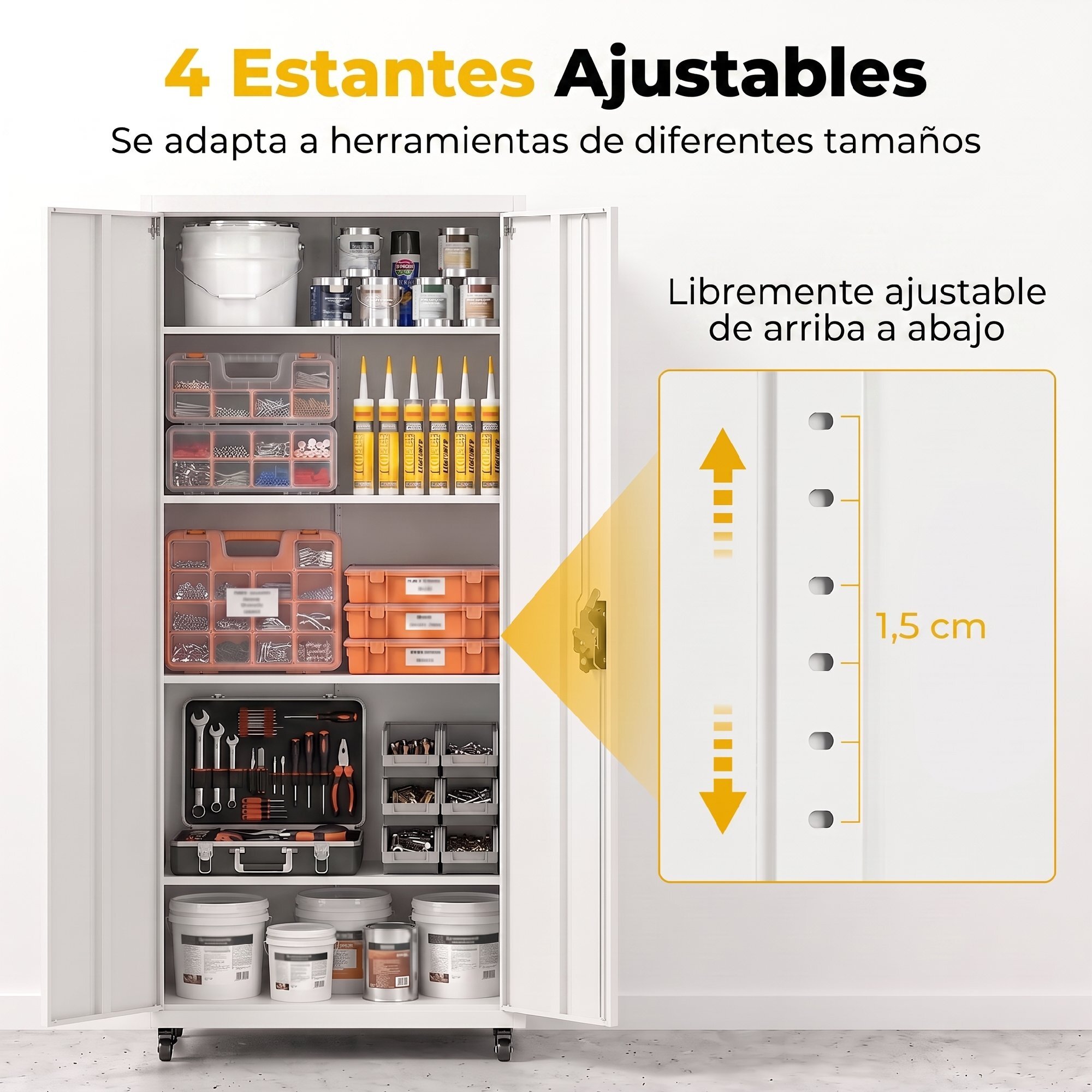 Armario de Herramientas de Acero con Ruedas con Freno, 180 cm, Carro de Herramientas con Cerradura y 4 Estantes Ajustables, Carga 250 kg, Carro de Taller para Garaje, Hogar, Oficina, Blanco