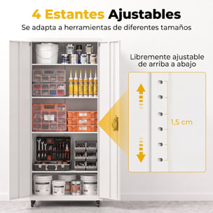 Armario de Herramientas de Acero con Ruedas con Freno, 180 cm, Carro de Herramientas con Cerradura y 4 Estantes Ajustables, Carga 250 kg, Carro de Taller para Garaje, Hogar, Oficina, Blanco