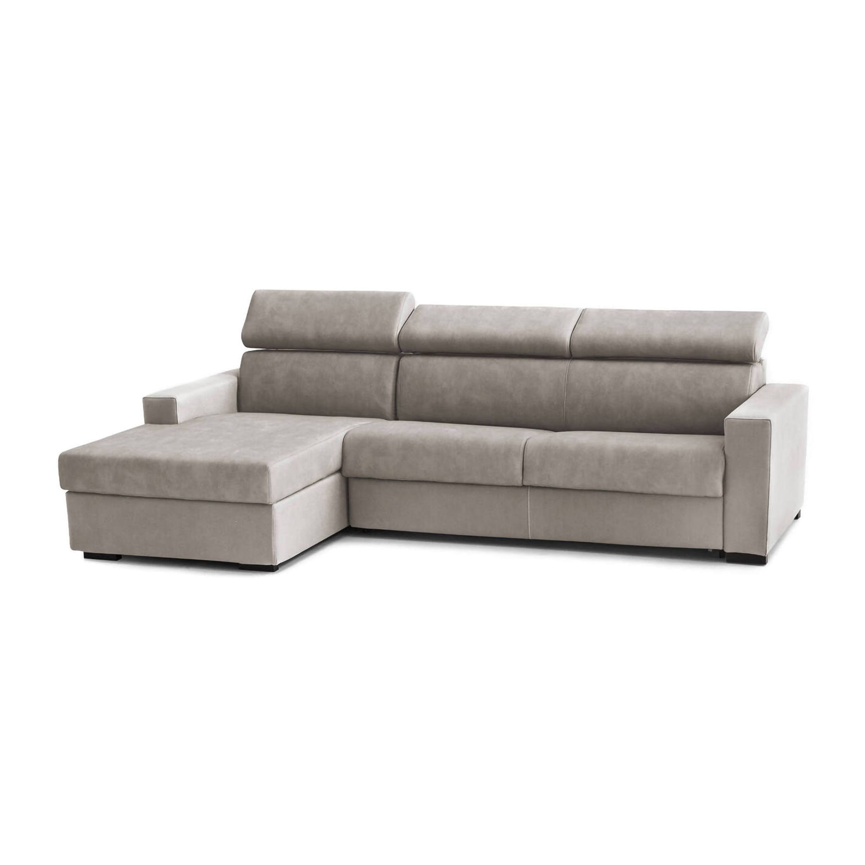 Divano Letto Aleandra, Divano ad angolo, 100% Made in Italy, Sofà con apertura girevole, con Penisola contenitore Sinistra, con Braccioli slim, Cm 260x95h85, Tortora