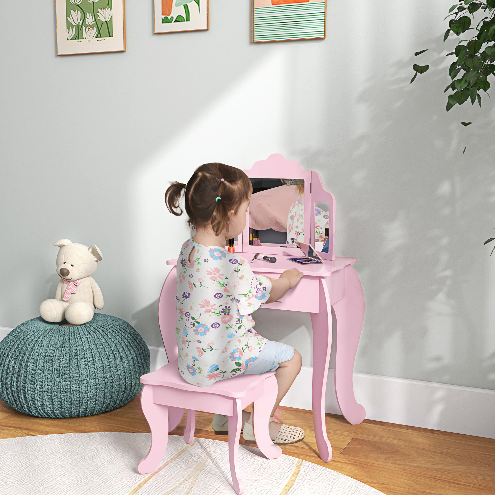 Tocador Infantil con Taburete y Espejo Ajustable, Tocador para Niñas con Cajón, Mesa de Maquillaje para Niños y Niñas de 3-6 Años, Rosa