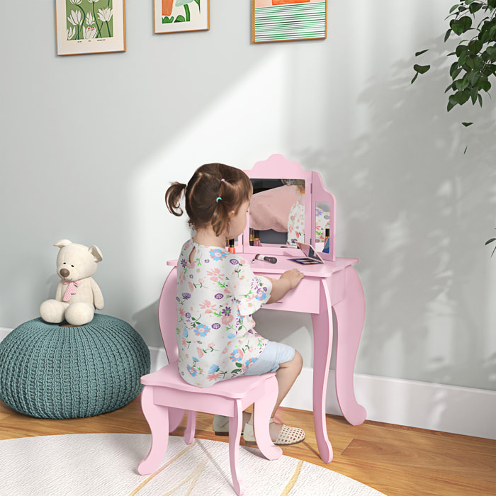 Tocador Infantil con Taburete y Espejo Ajustable, Tocador para Niñas con Cajón, Mesa de Maquillaje para Niños y Niñas de 3-6 Años, Rosa