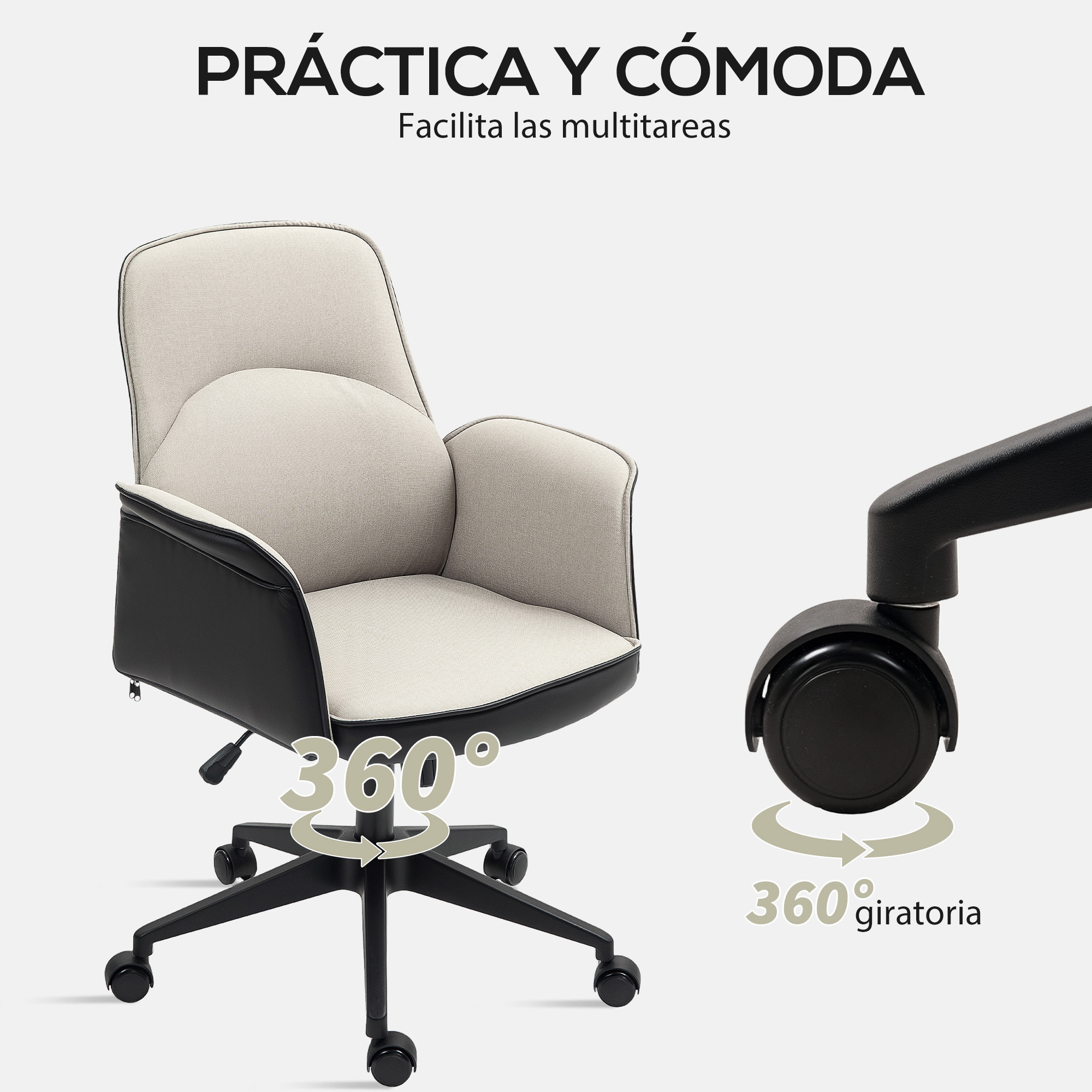 Silla de Oficina Giratoria Silla de Escritorio Altura Ajustable con Función de Basculante y Reposabrazos Silla de Estudio Carga 120 kg Beige y Negro