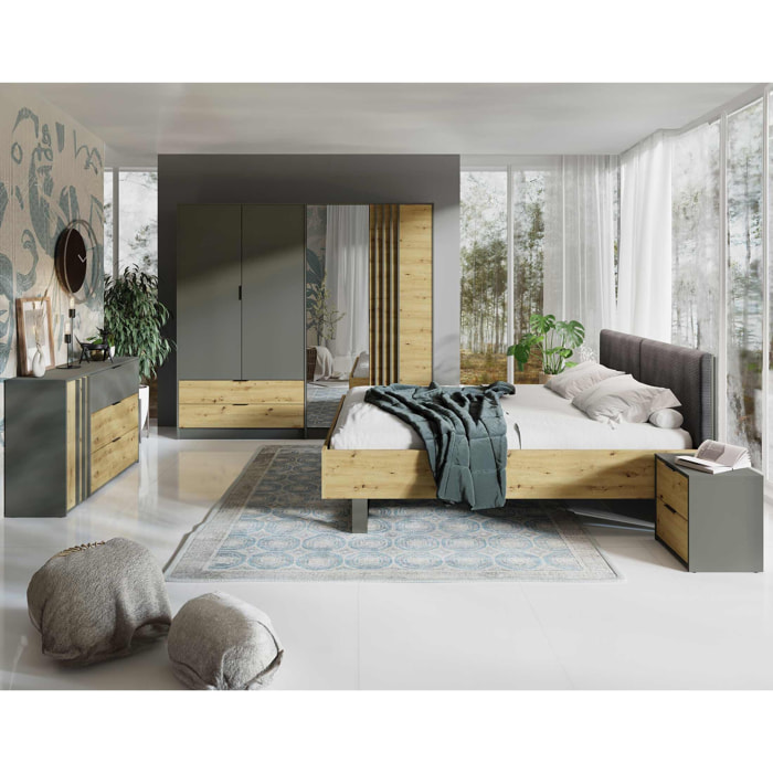 Nicosie - chambre complète - un lit 160x200, deux chevets, une commode, une armoire - Bois / Gris
