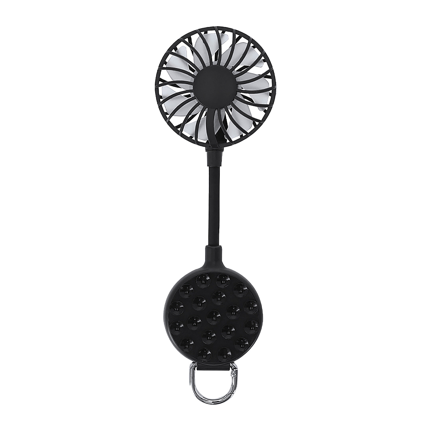 Ventilatore multiposizione con rotazione di 360°, supporto regolabile e ventose per smartphone. Ha 3 velocità, con batteria ricaricabile da 300 mAh.