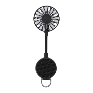 Ventilatore multiposizione con rotazione di 360°, supporto regolabile e ventose per smartphone. Ha 3 velocità, con batteria ricaricabile da 300 mAh.