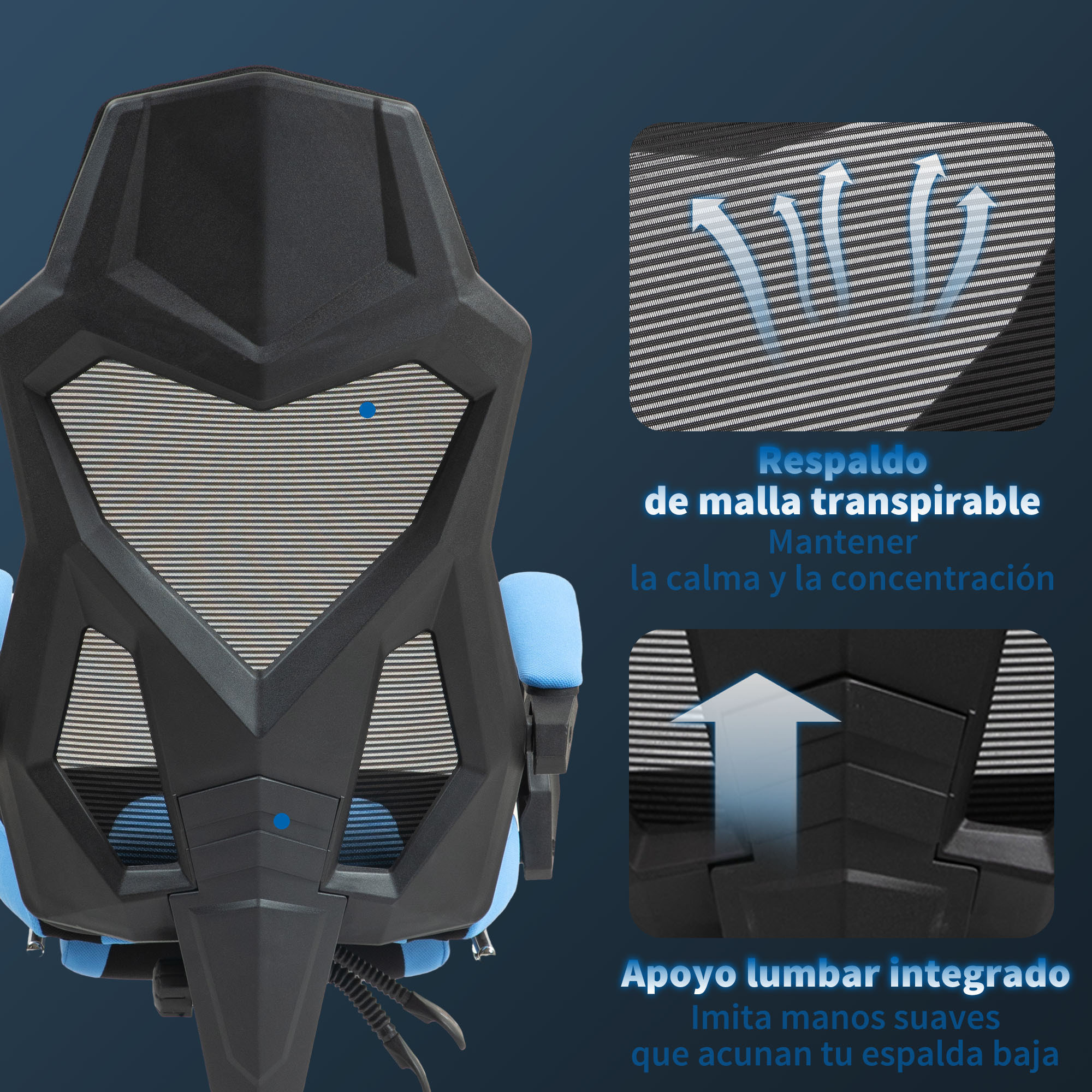 Silla Gaming Giratoria de Malla, Silla Gamer con Reposapiés Retráctil, Respaldo Reclinable y Alto, Altura Ajustable, Reposabrazos Acolchados, Azul
