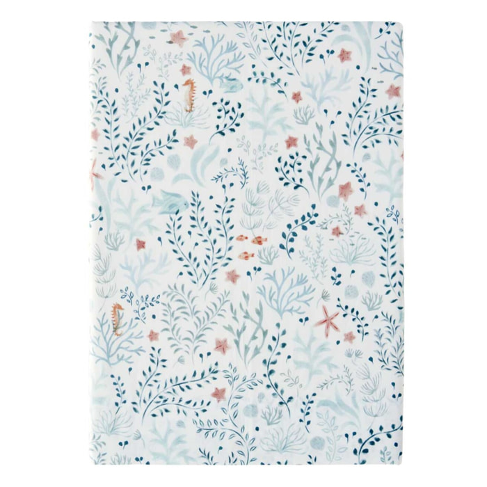 Drap plat imprimé en percale de coton, SOUS L'OCÉAN, Bleu clair