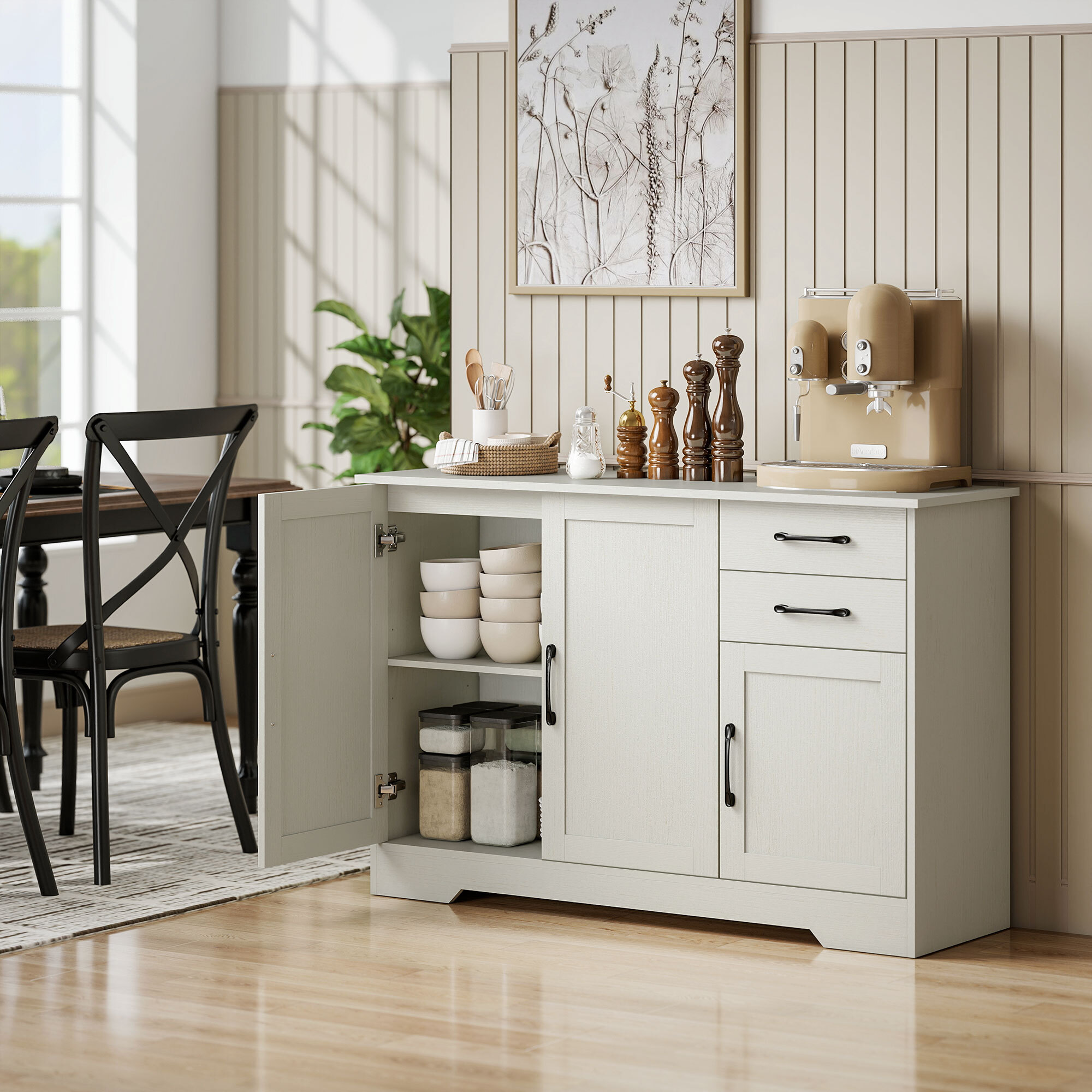 Aparador 3 Puertas, Aparador para Salón Moderno, con 2 Cajones, Estante Ajustable, para Comedor, Entrada, Dormitorio, Crema, 120x38x79 cm