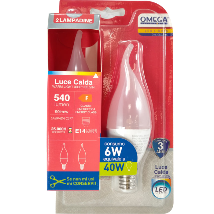OMEGA Set 6 pezzi soffio di vento led c37t 6w 540lm 3000k e14