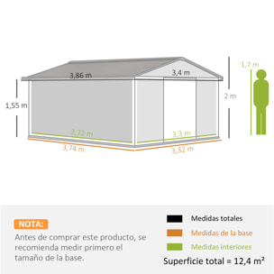 Caseta de Jardín Exterior 12,4 m² 340x386x200 cm Cobertizo de Jardín Exterior con Puerta Corredera Techo Inclinado Base Refuerzo (Suelo NO Incluido) y 4 Ventanas Marrón