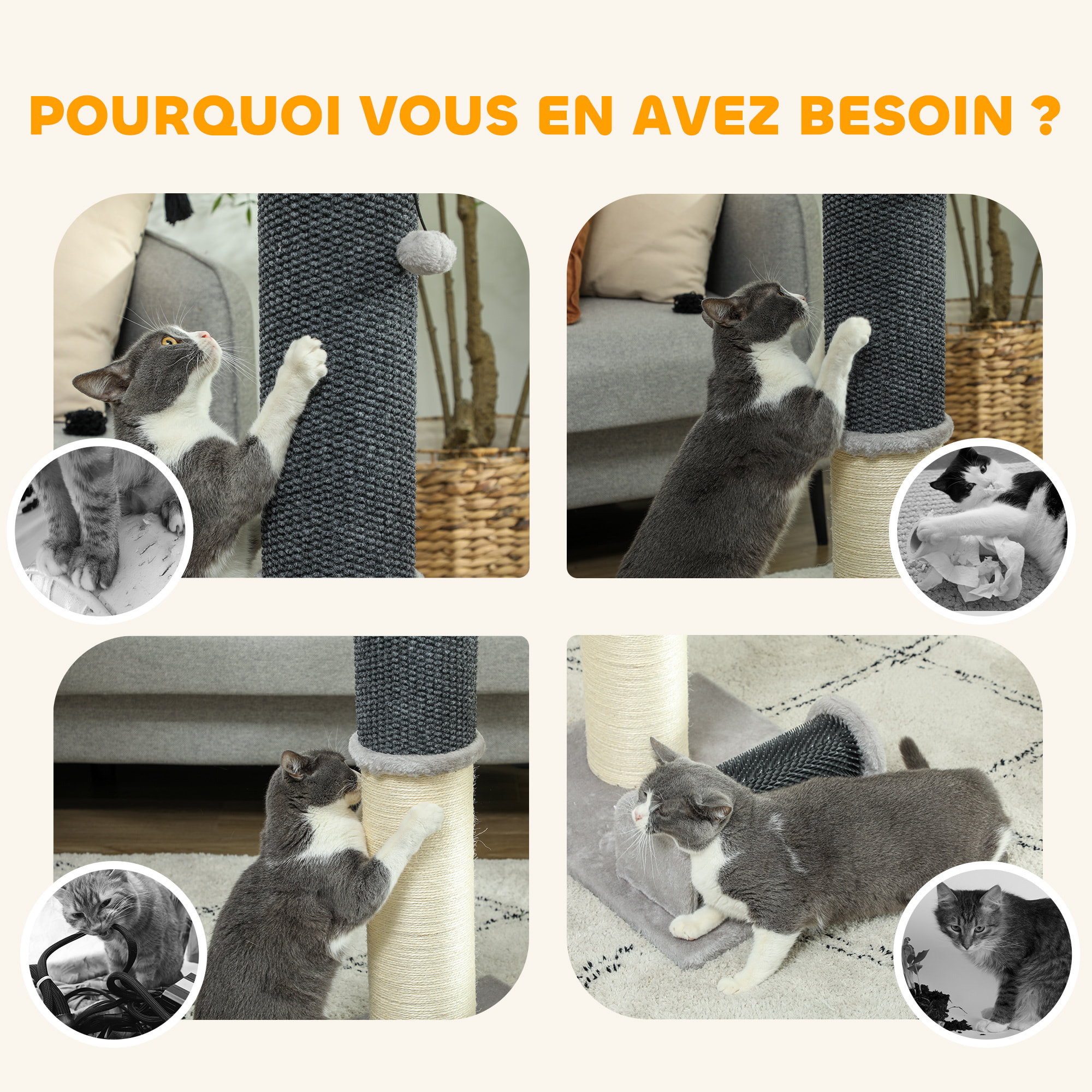 Arbre à chat - griffoir grattoir H.85 cm - jeu boule, bande massante - sisal naturel peluche gris